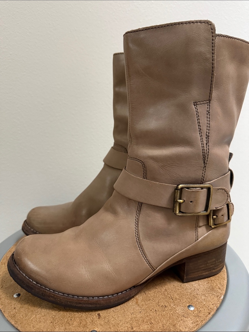 Clarks Taupe Leather Mid-Calf Buckle Boots